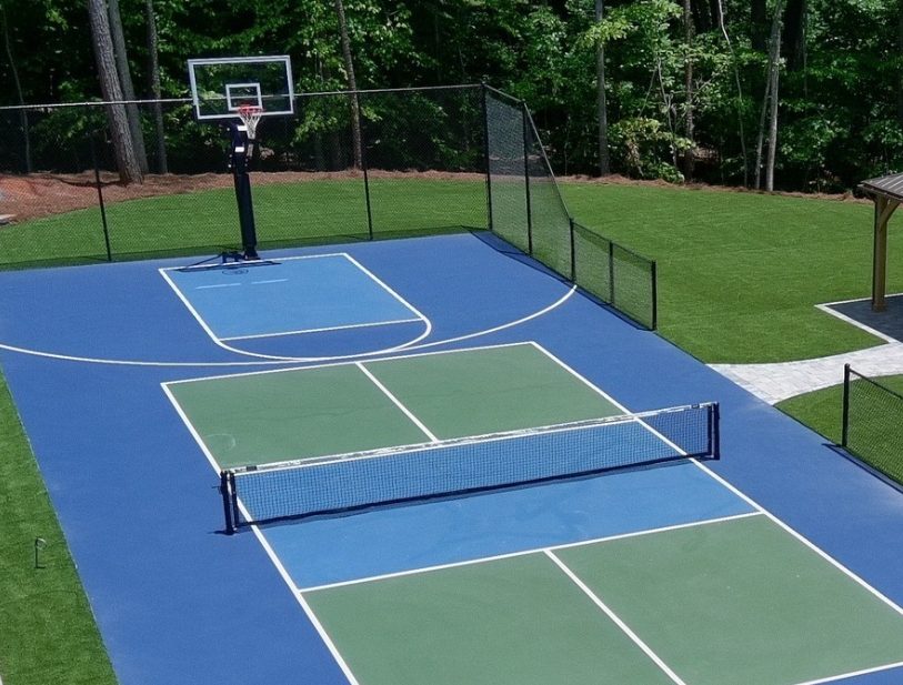 Backyard basketball court with pickleball lines in Georgia
